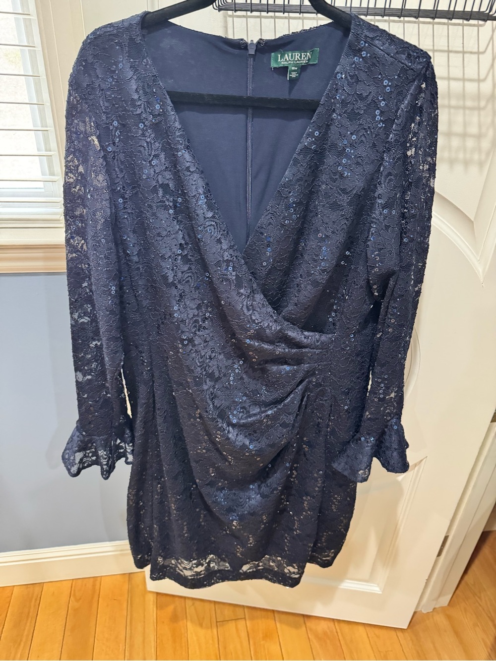 Ralph Lauren Navy Blue Lace Wrap-Style Wedding Dress